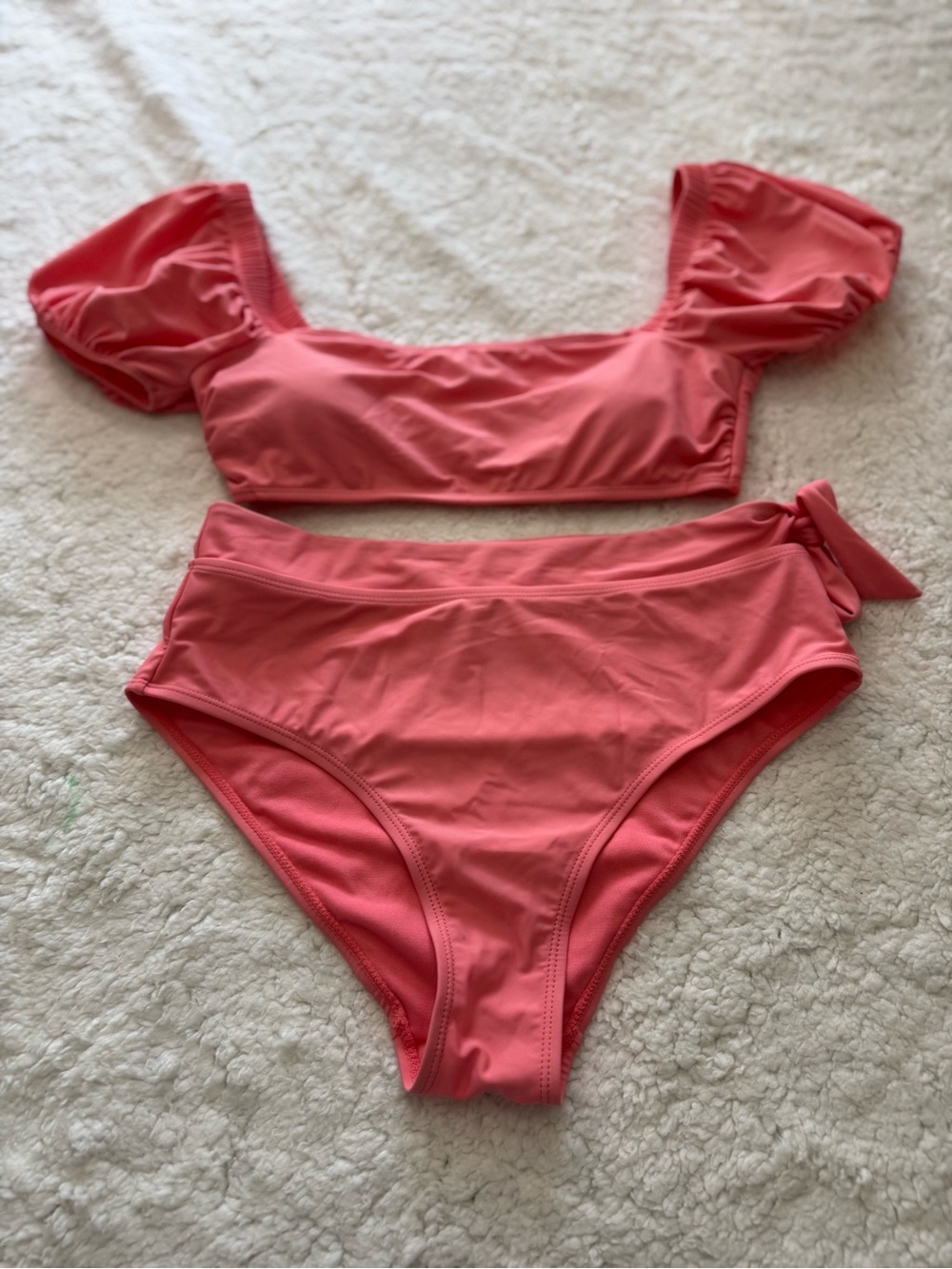 Puff-Sleeve Coral Bikini Set with High-Waist Bottoms
